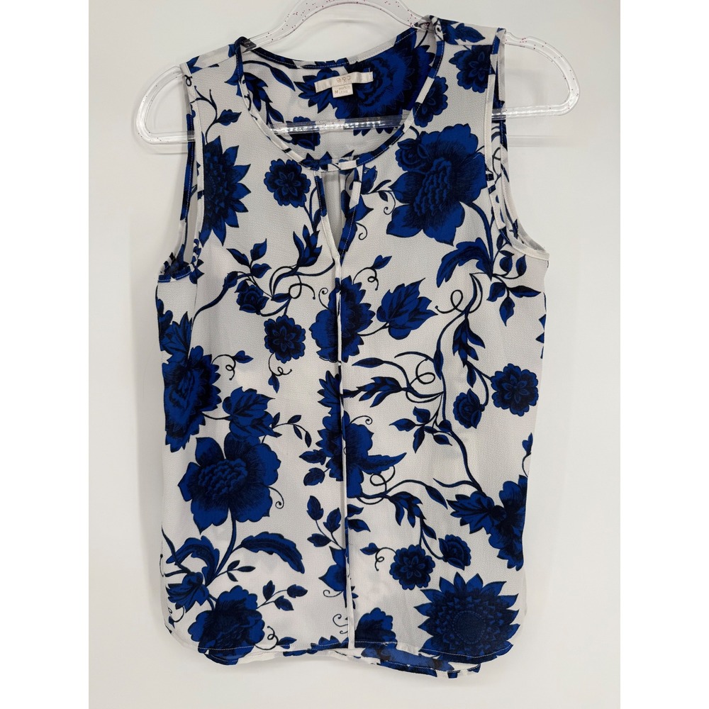 Eye Blue White Floral Sleeveless Split Neck Keyhole Blouse Sz M